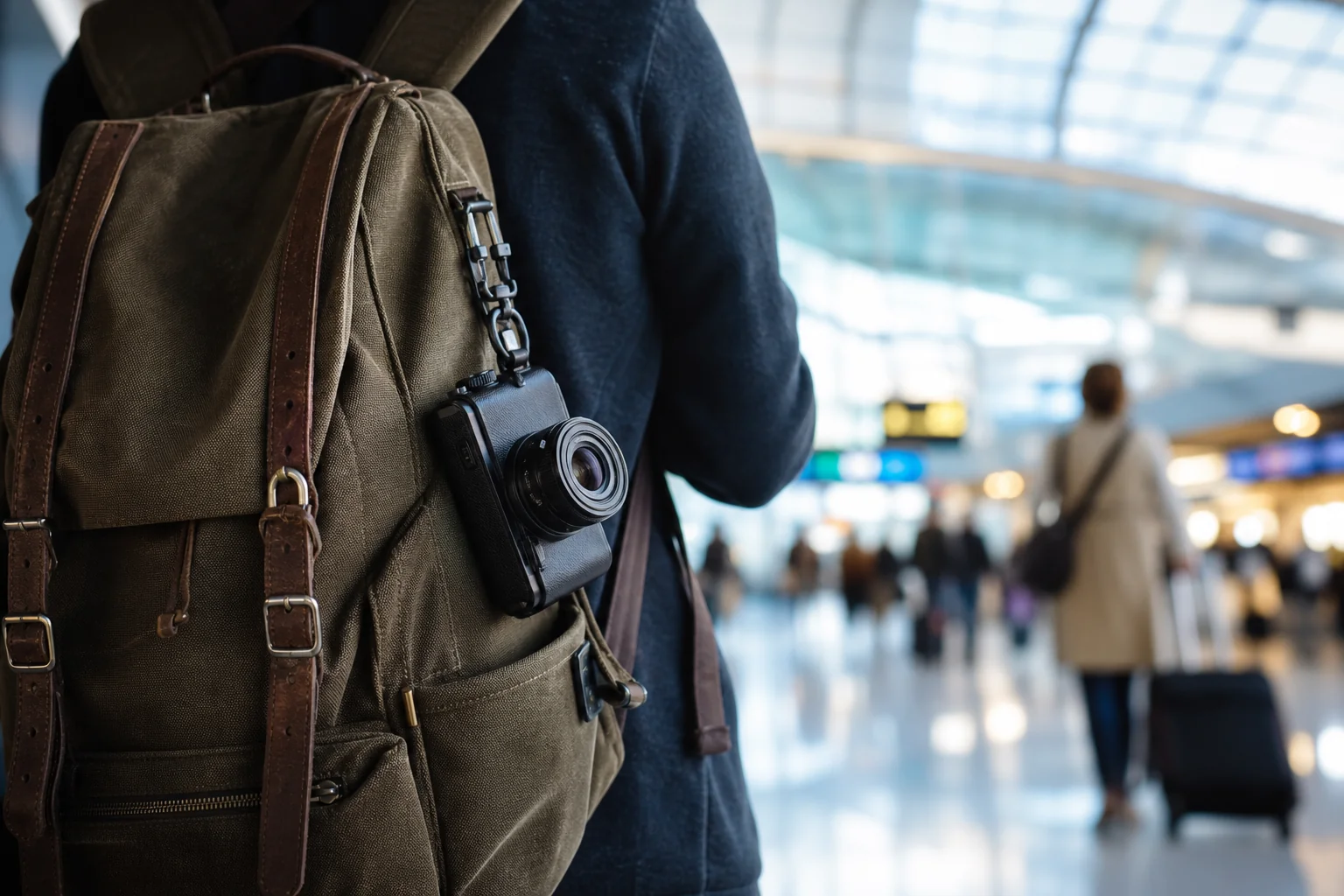 Saneen camera on travel backpack in airport terminal